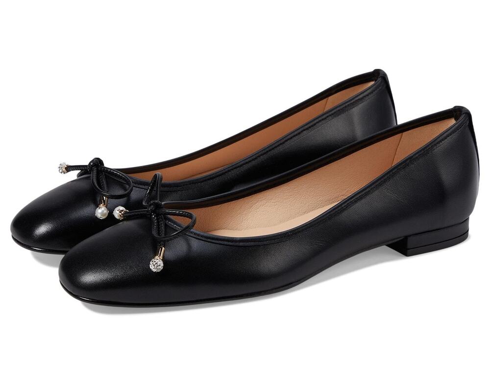 French Sole Marlena Black Leather Bow Ballet Flats with Crystal and Pearl Charms